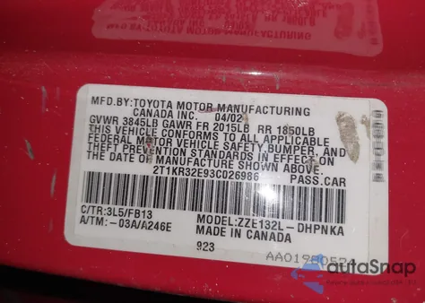 2003 Toyota Matrix Xr из США, поврежденный, VIN 2T1KR32E93C026986